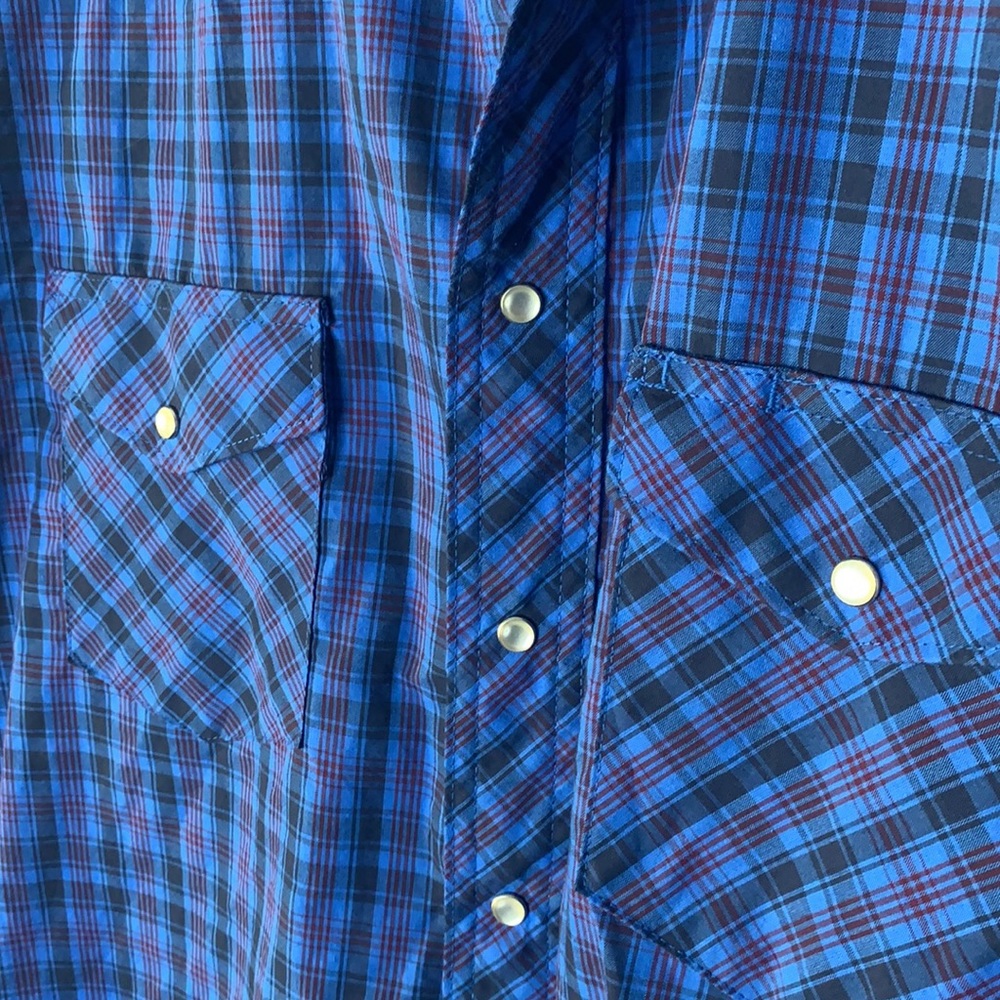 Wrangler blue plaid pearl snap button down shirt 17 - Picture 3 of 6